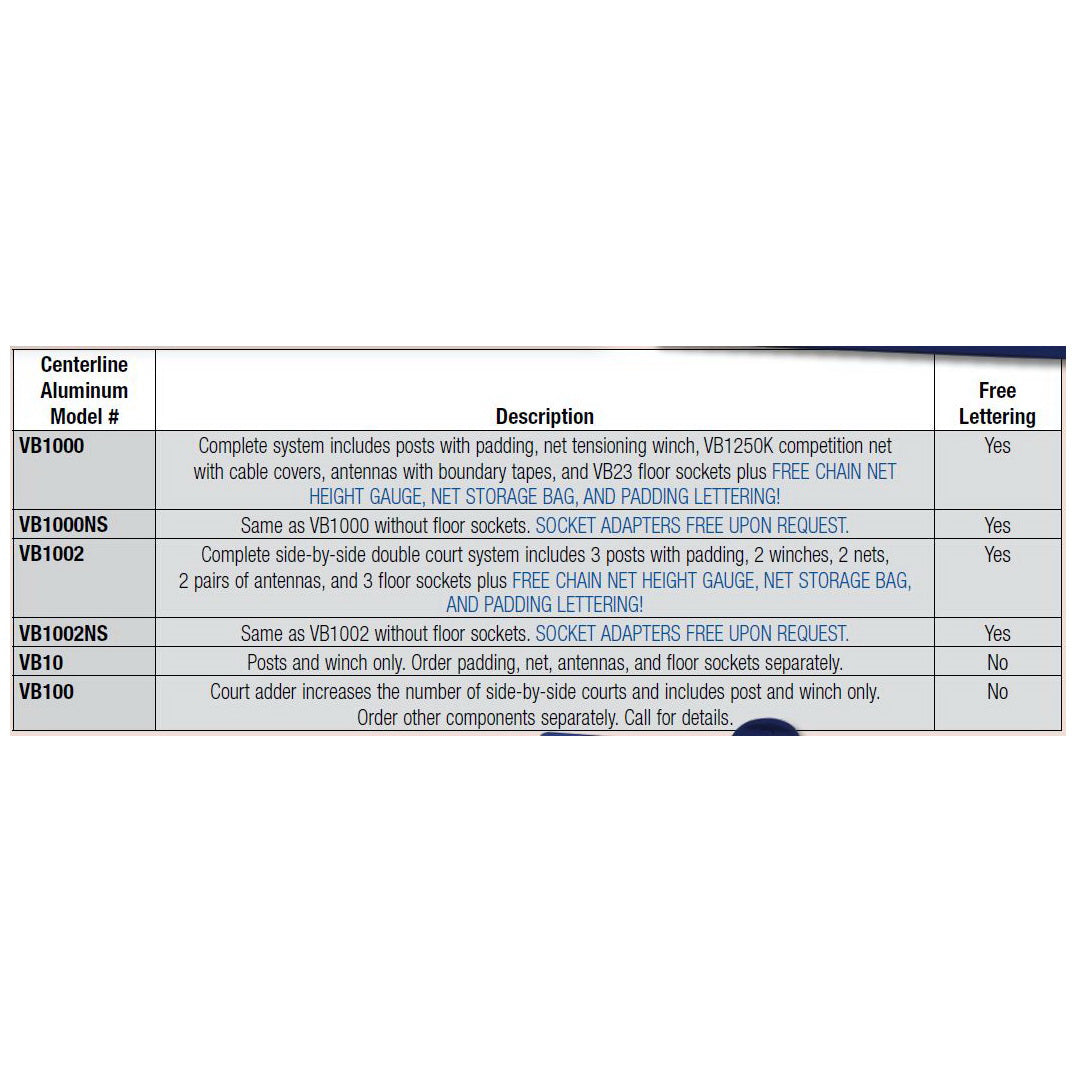 bison inc centerline elite aluminum double court system without sockets chart