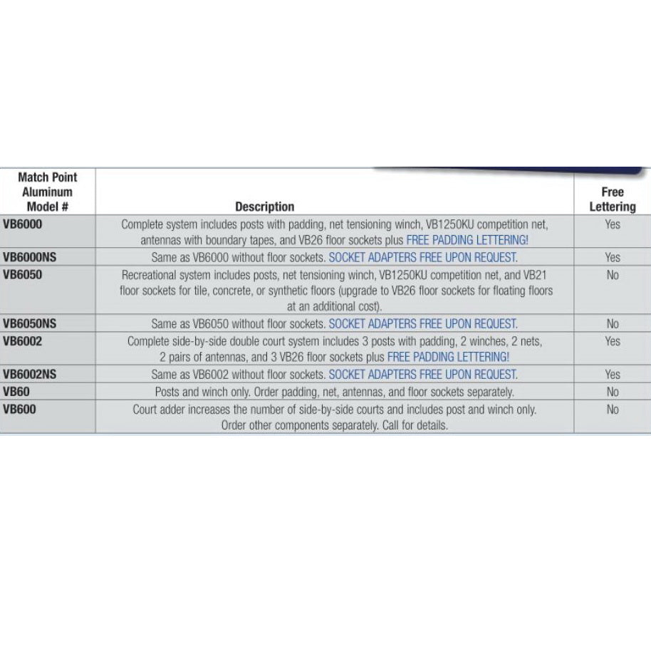 bison inc match point aluminum double court system without sockets chart